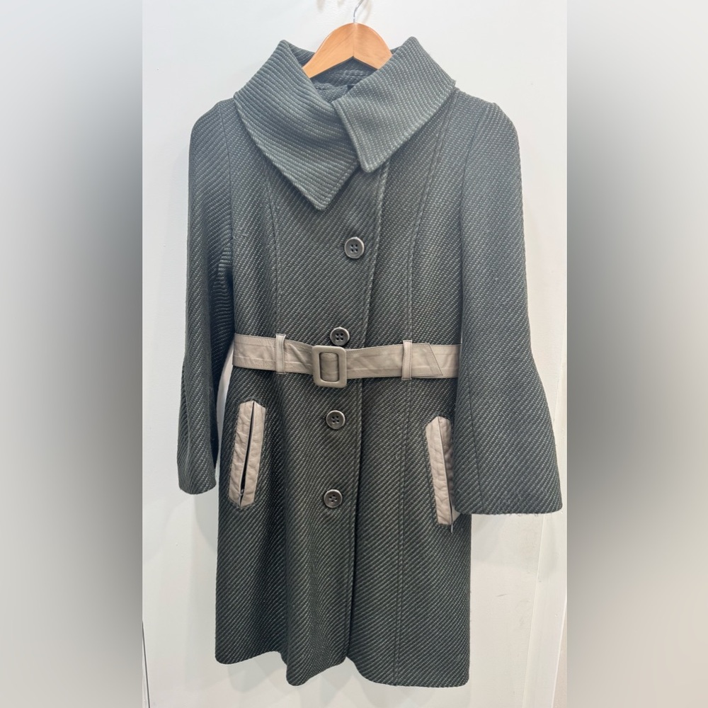 Mackage Olive Green Gray Funnel Neck Belted Wool Trench Coat Size XS